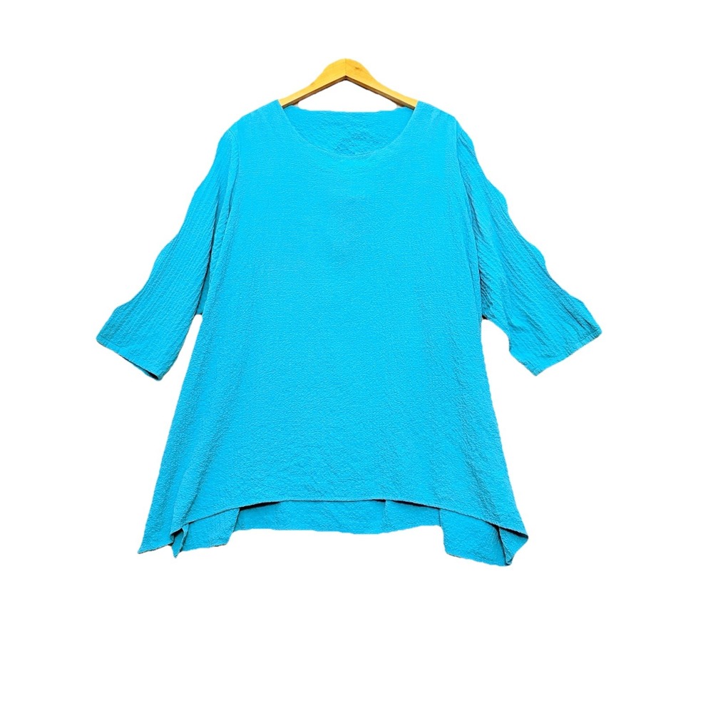 Ali Miles Womens Tunic 2X Crinkle Lagenlook Artsy Boho Cutout Detail Teal Top